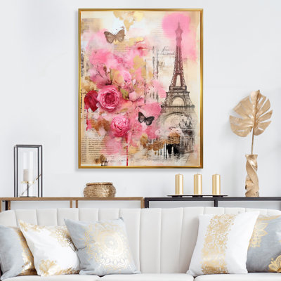 «Pink Blossoming Spring in Paris Vintage Collage I», reproduction sur toile