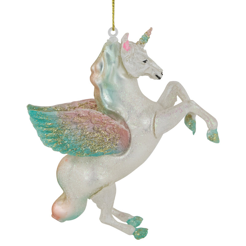 Ornement de Noël 5,25 po en forme de licorne en verre bleu et rose
