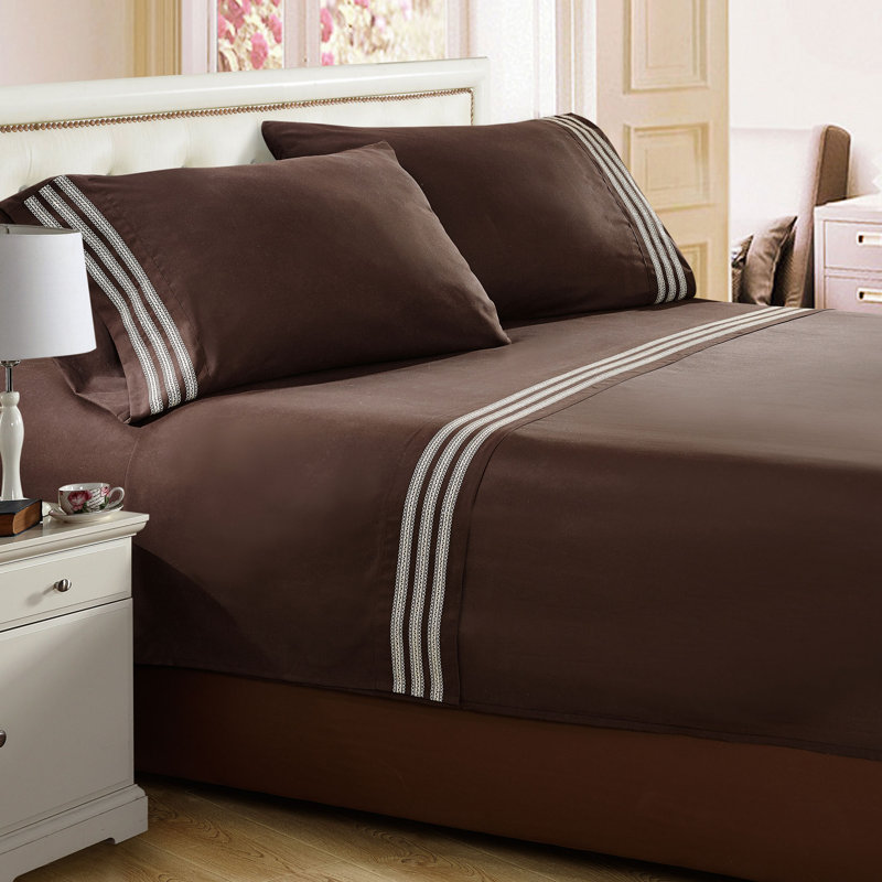Trois Microfiber Striped Sheet Set, Chocolate, Full Sheet Set + 1 Fitted Sheet + 2 Pillowcases