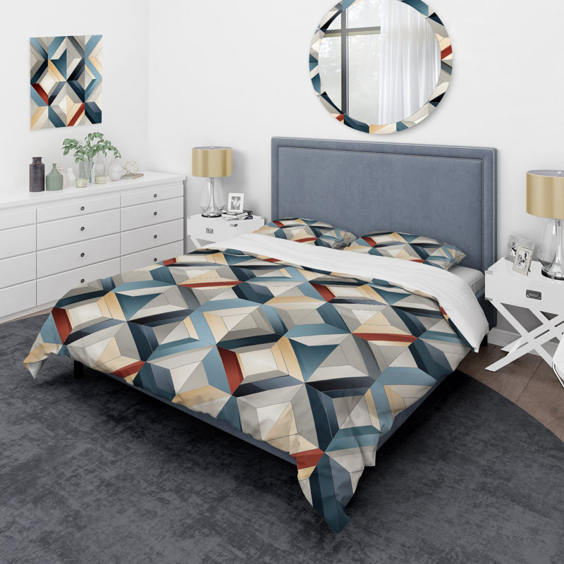 Natural Tones Grey And Beige Mosaic Geometric Shapes Duvet Cover, King Duvet Cover + 2 King Shams, Geometric Shapes 5