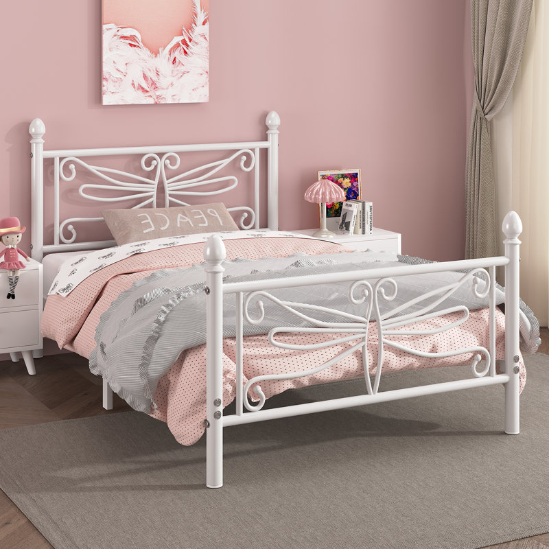 Twin Elegant Metal Platform Bed with Dragonfly Headboard and Footboard, Sturdy and Stable Structure & Under-bed Storage, Easy Assembly, White