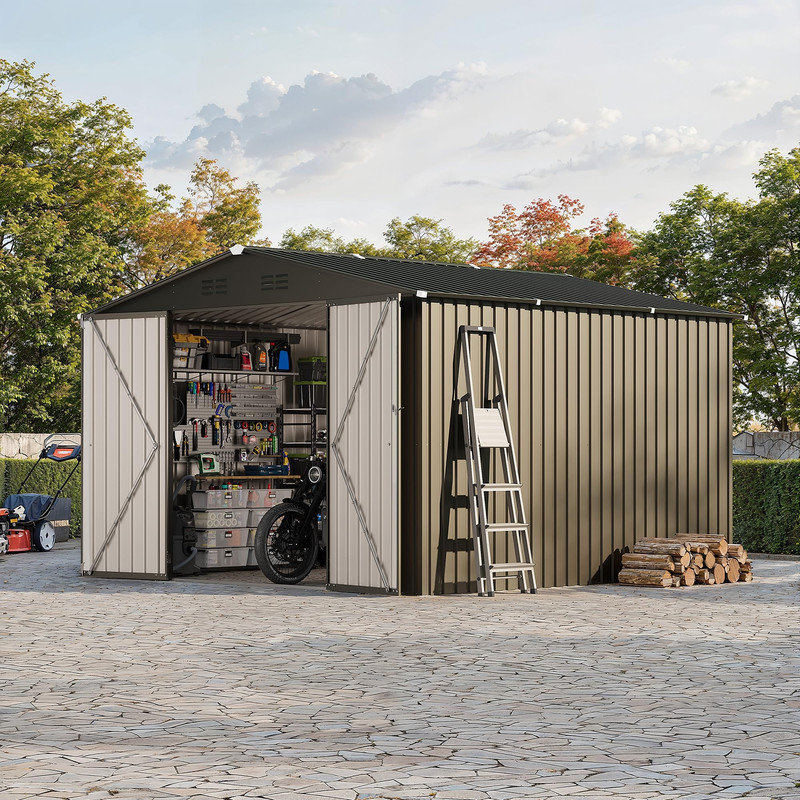 10 x 10 FT Metal Storage Shed with Lockable Door, All-Weather Garden Tool Shed, Gable Roof Outdoor Storage Unit for Bikes, Lawn Mowers & Patio Supplies