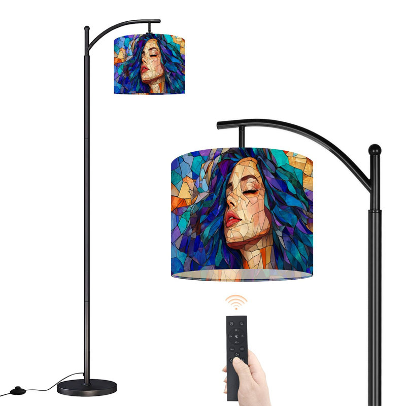 Lampe sur pied à arc avec abat-jour ajustable Portrait femme cheveux bleus Lampe sur pied 3 températures de couleur à intensité variable avec interrupteur au pied pour la chambre à coucher
