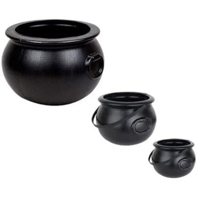PMU 3 Pc Halloween Cauldron Multipack Assortment (1)10in, (1) 8in and (1) 6in Trick or Treat Blow Mold Black Plastic Cauldron for Home Decoration and Halloween Party Favors 