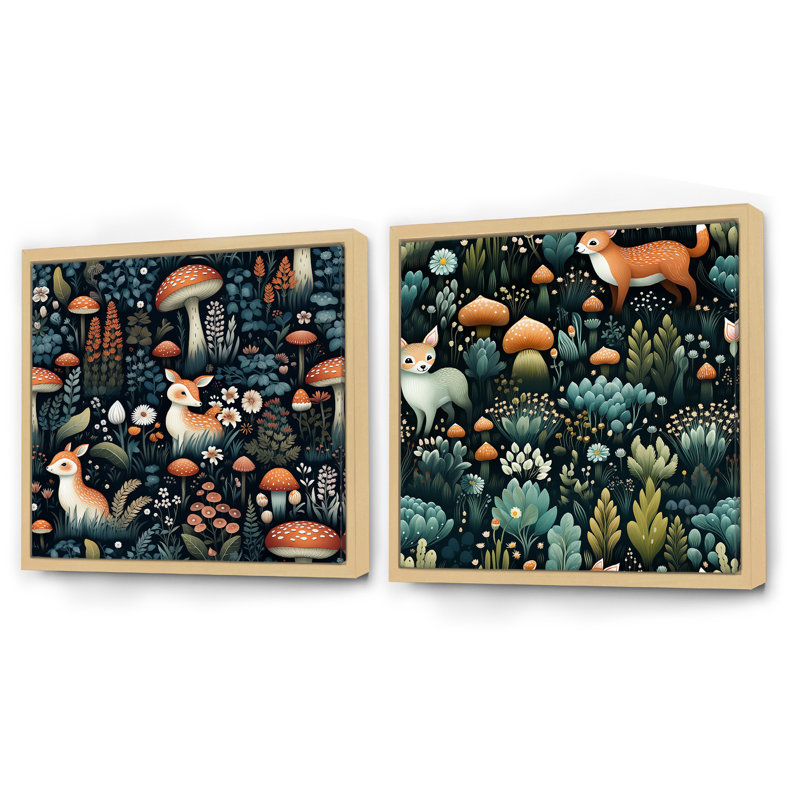 Motif de créature enchantée pour enfants - cerf Ensemble de 2 carrés Fox, Cadre flottant brun, H 30 po x l 61 po