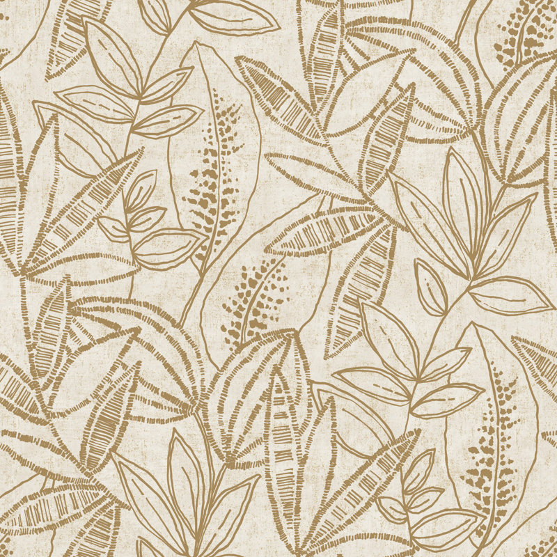 Karuna Collection Stenciled Leaves Wallpaper Roll, Gold