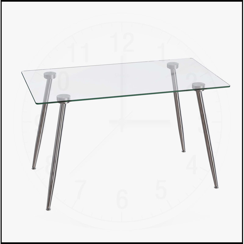 Table de salle à manger rectangulaire moderne en verre avec plateau en verre trempé et pieds en métal argenté, polyvalente pour la maison et le bureau