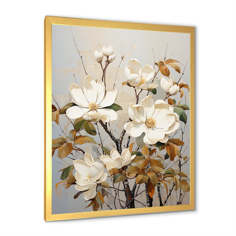 Mélodie douce de magnolia beige sur toile, Cadre doré simple, H 32 po x l 16 po x P 1 po