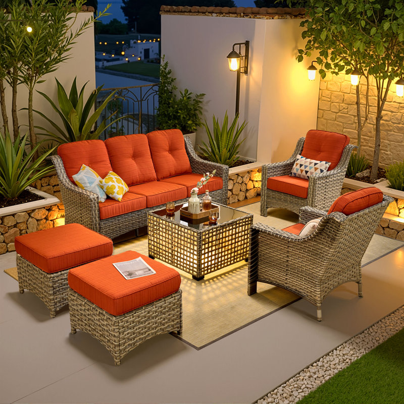 6 Piece Patio Furniture Conversation Sets With Solar Light Table,Outdoor Wicker Furniture With Ottoman, All Weather Resistant Outside High Back Rattan Patio Set