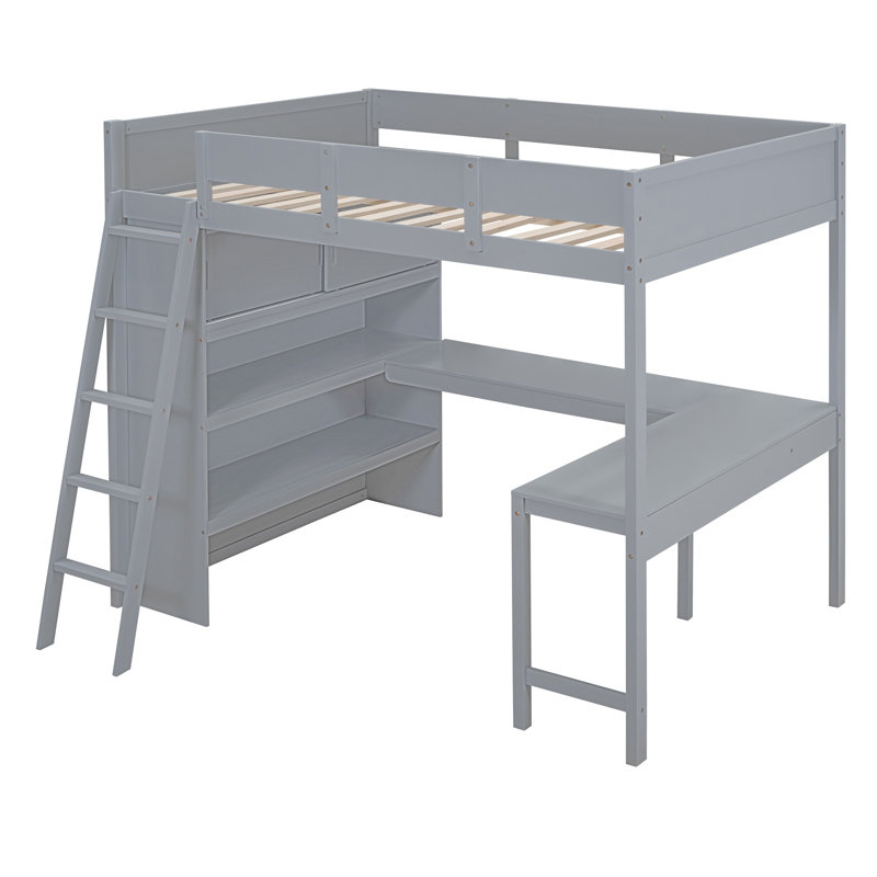 Lit mezzanine double avec bureau et tablette, Gris