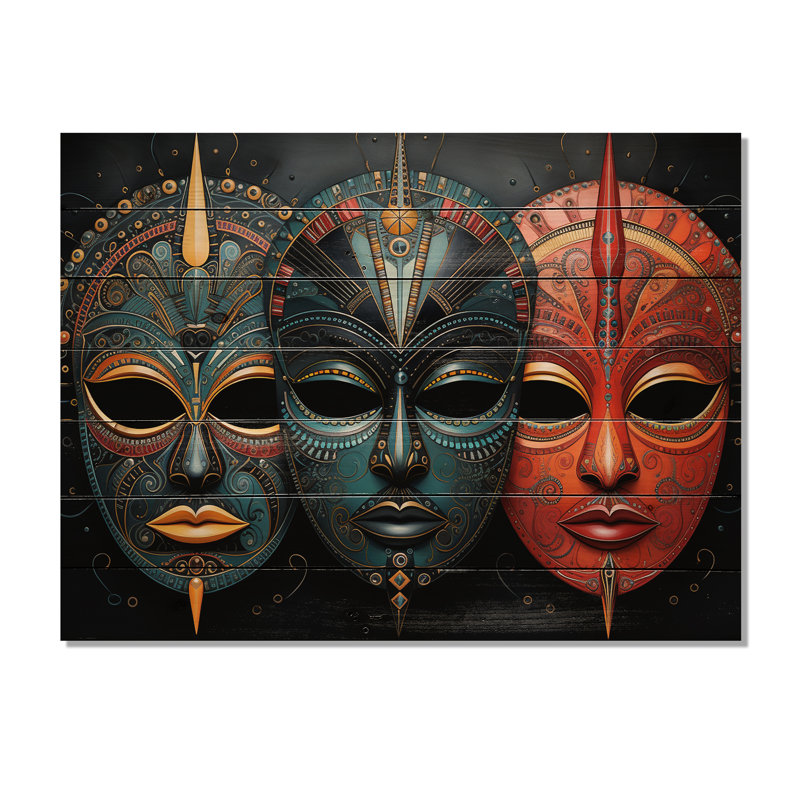 Impression de masques rouges rouges sur bois naturel III, H 30 po x l 40 po x P 0,78 po