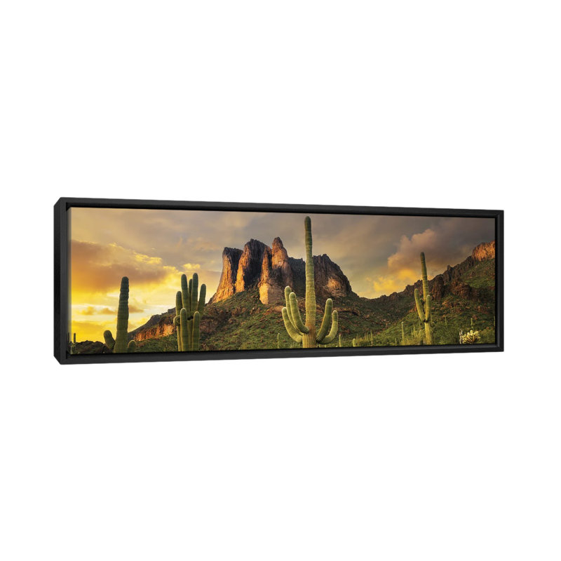 «Desert Sunset Panoramic», reproduction d'art sur toile encadrée, H 12 po x l 36 po, Noir