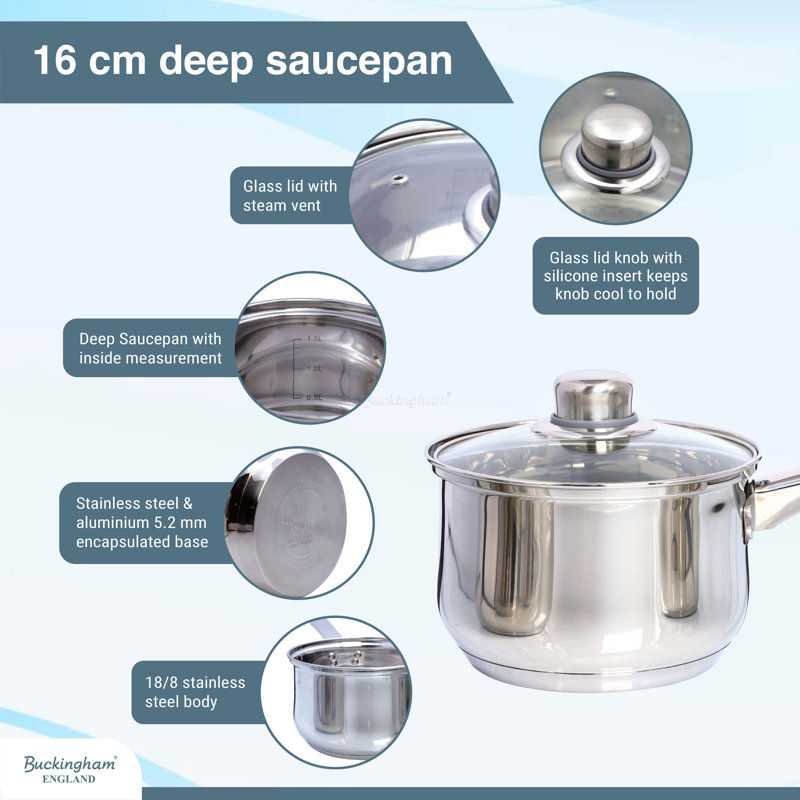 Buckingham Deep Induction Stainless Steel Saucepan with Glass Lid 16 cm 2 Litres