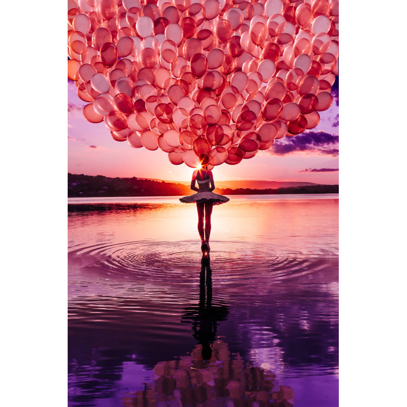 Modern Ballerina And Balloons Tempered Glass Wall Art, Sunset Scene, 40" X 60"