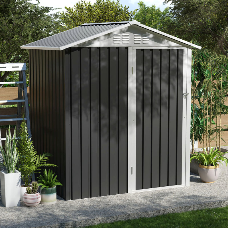 Remise en métal 5,4 x 4,27 pi avec porte à charnière pour patio et utilitaire - Protégée, feuilles galvanisées, porte de jardin facile d'accès, structure en fer massif, utilitaire pour la pelouse