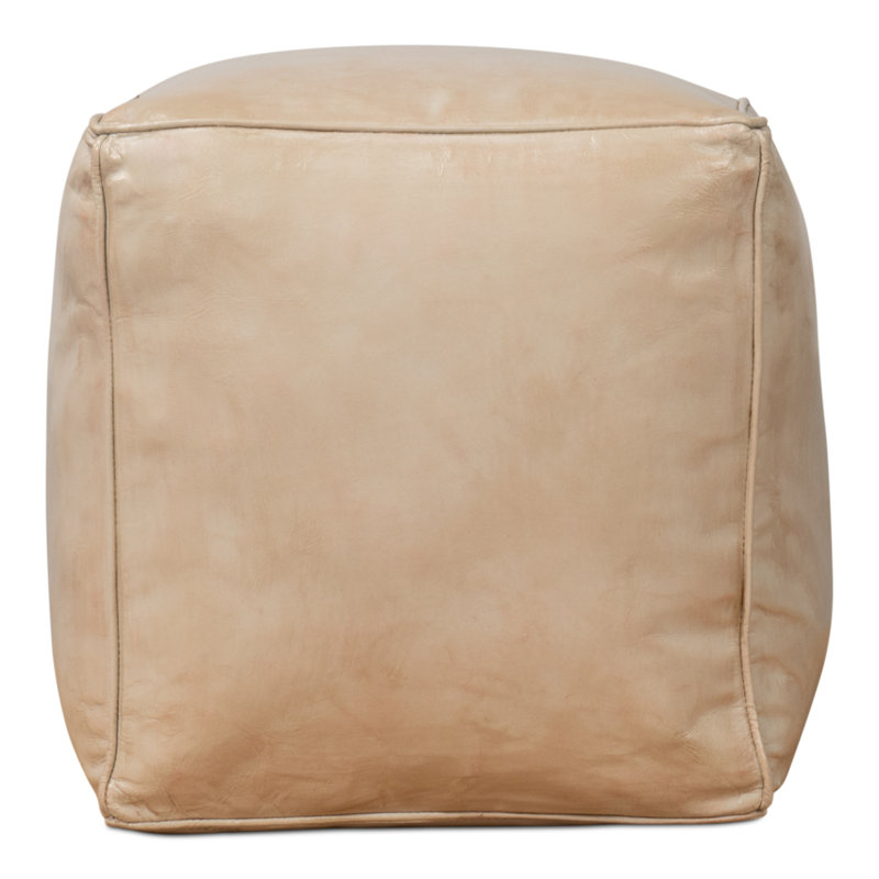 Square Ottoman, Beige Genuine Leather