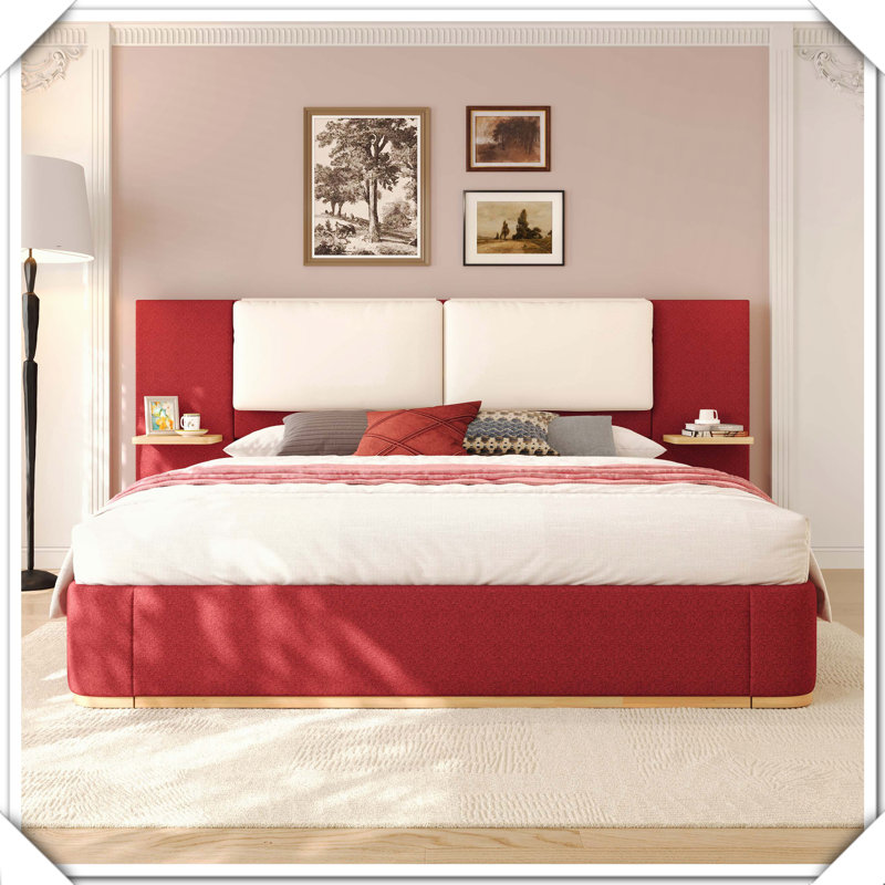 Upholstered Platform Bed Panel Anti-Collision Rounded Corners Stable Easy Assembly,Queen, Queen, Red/White