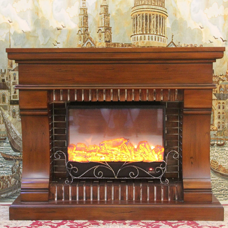 Brown Solid Wood Electric Fireplace, Brown