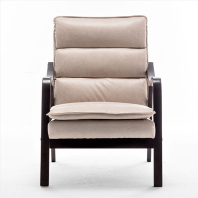 Mid-Century Modern Camel Accent Chair with Wood Armrest, Upholste Reading Chair for Living Room Bedroom