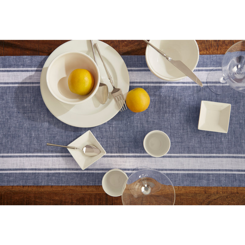 Country Stripe - 100% Pure Linen Table Runner, 108" x 14", Blue/White