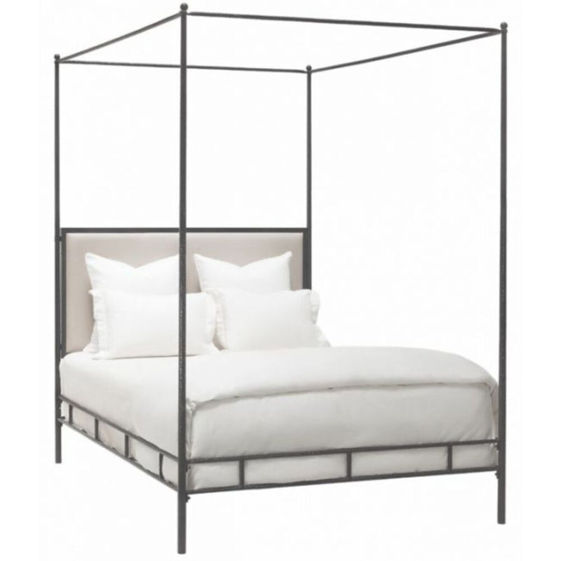 Marco Upholstered Canopy Bed, East King, Antiqued Bronze, Muslin