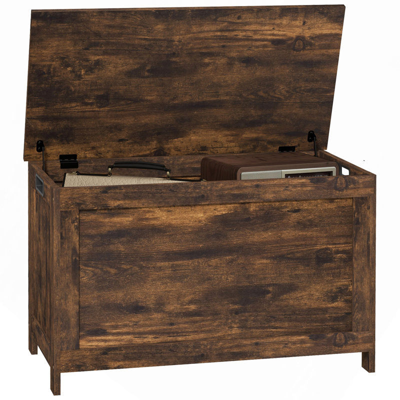 Coffre de rangement 29,9 po avec 2 charnières de sécurité, boîte en bois, Brun