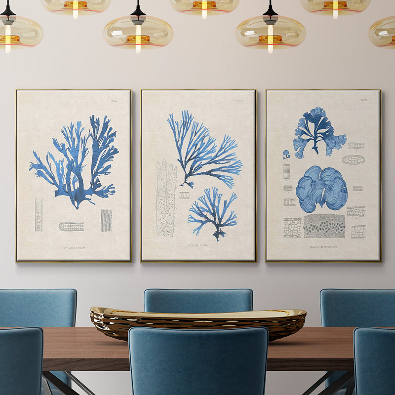 Blue Marine Algae IV - Ensemble de 3 reproductions encadrées sur toile, H 36 po x l 72 po x P 2 po, Or