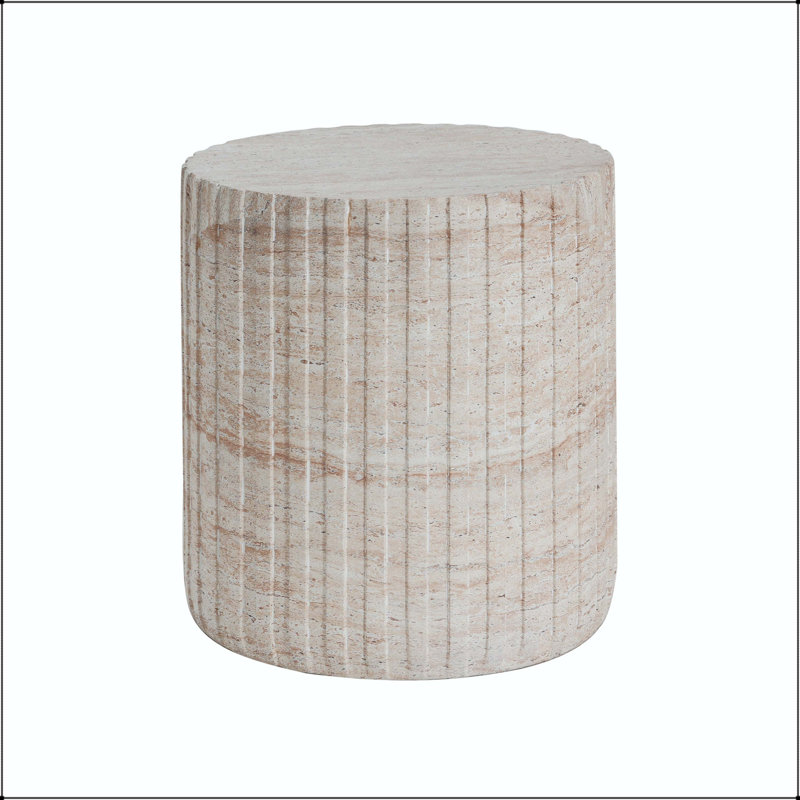 Table d'appoint d'extérieur / d'intérieur en béton léger avec finition en travertin - Cylindre compact