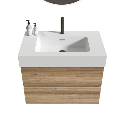 Meuble-lavabo Grace 30 en chêne brut + chêne brut avec lavabo en quartz blanc et tiroirs souples, meuble-lavabo mural flottant pour salle de bain moderne, lavabo une pièce blanc brillant, KD