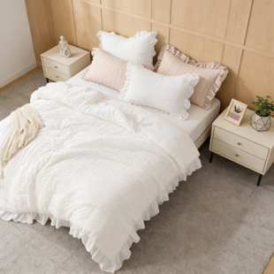 White Comforter Set 2 Pieces, Seersucker Ruffle Lightweight Bedding, Soft Microfiber All-Season Fluffy Bed Set
