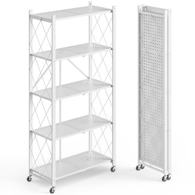 5-Tier Foldable Metal Shelving Unit With Lockable Wheels, No Assembly Required, Heavy Duty Rolling Storage Rack For Garage, Kitchen & Pantry