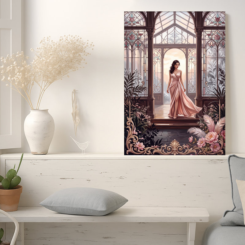 «Woman in Pink Gown entourée de fleurs et d'art sur toile en verre coloré», 30"H x 20"W