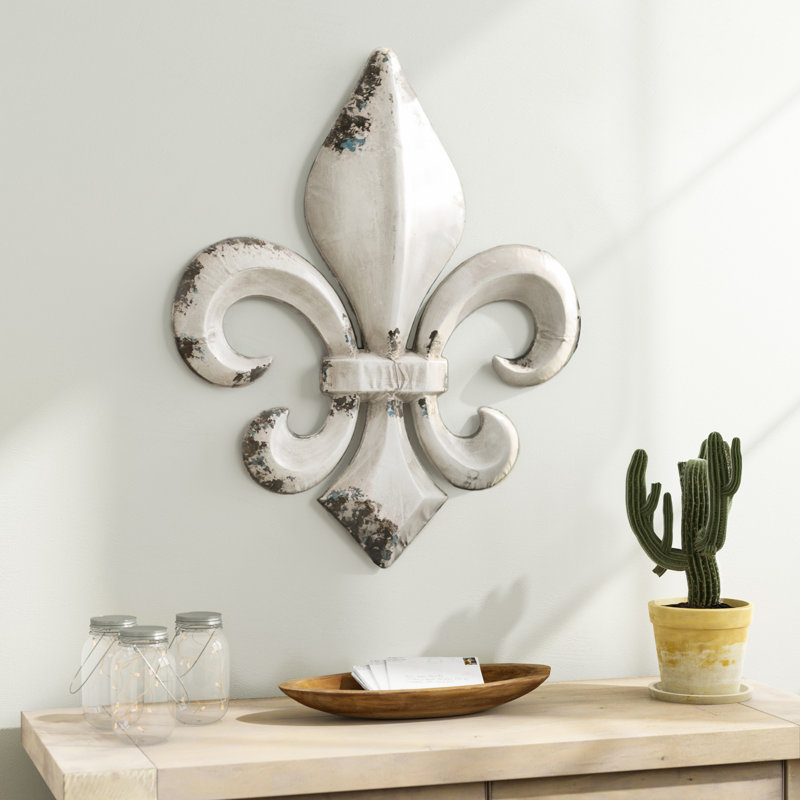 Metal Fleur De Lis White Wall Decor with Blue and Brown Distressing