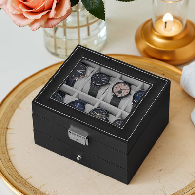 Watch Box, Watch Case With Glass Lid, 2-Tier Watch Display Case For 6 Watches, Lockable, 1 Drawer, For Rings, Bracelets, Gift Idea