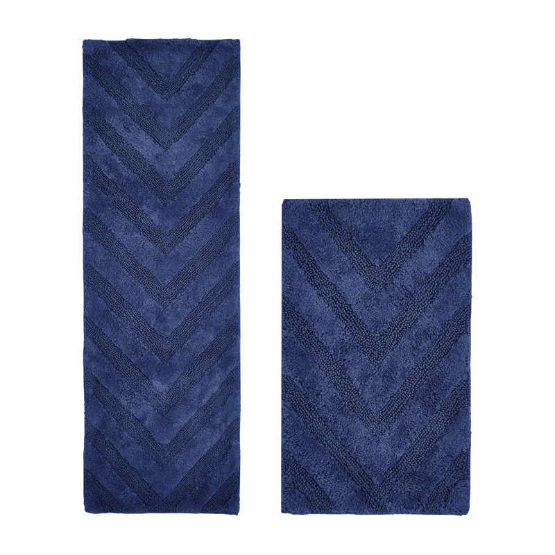 Ensemble de tapis pour salle de bain à chevrons touffetés 100% coton Annaclara Premium 100% coton 1990 avec envers antidérapant en latex, certifié OEKO-TEX®, super absorbant et lavable à la machine, bleu marine