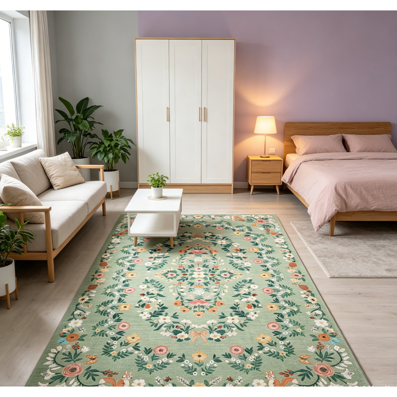 Tapis rétro taupe lavable pour l'intérieur, Green, Runner 2' x 6'