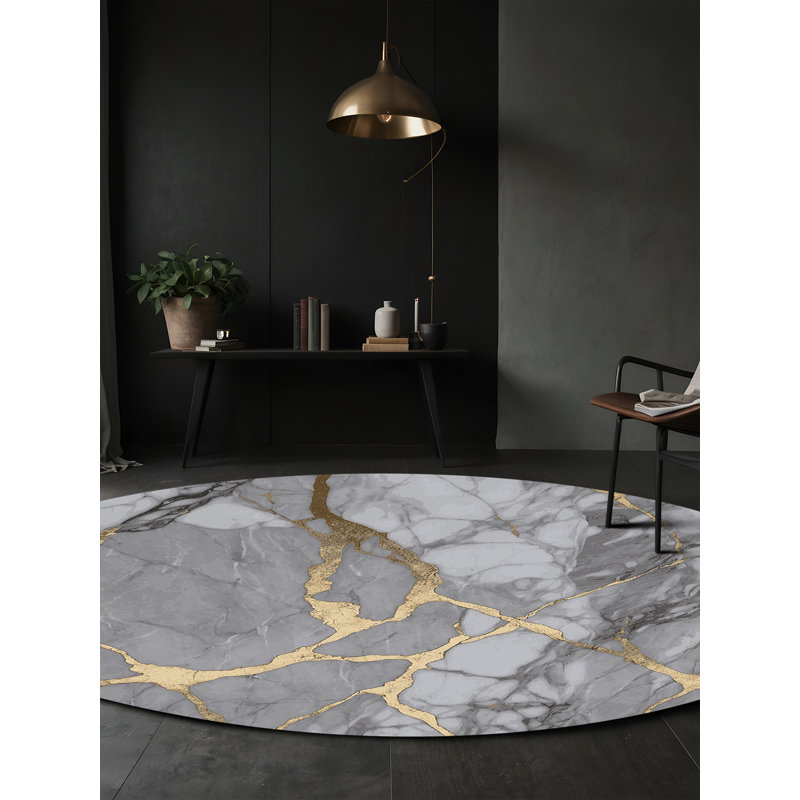 Machine Washable Gray Area Rug, Round 4'