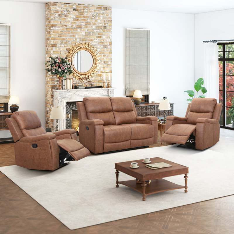 3-Piece Reclining Sofa Set With Two Manual Recliner Chairs And Loveseat, Vegan Leather, Cup Holders, Cognac