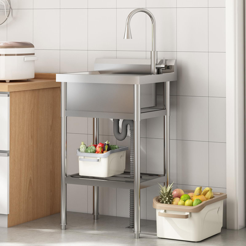 Stainless Steel Utility Sink with Faucet – Free Standing Single Bowl Commercial Sink for Kitchen, Laundry Room, Restaurant & Garage – Heavy-Duty Stainless Steel, Hot & Cold Water Pipes, Pull-Out Spray 
