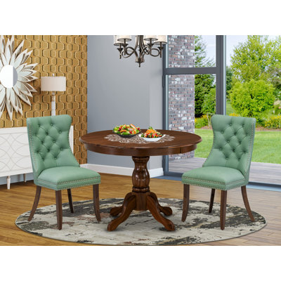3 Piece Kitchen Table Set Includes a Round Modern Dining Table and 2 Padded Chairs, Antique Walnut