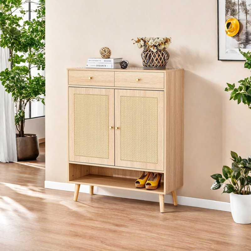 16 Pair Shoe Storage Cabinet, Natural Wood