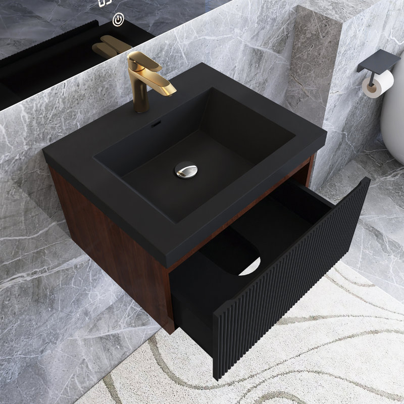 Meuble-lavabo mural moderne à rayures avec lavabo et tiroir à fermeture en douceur, 24"