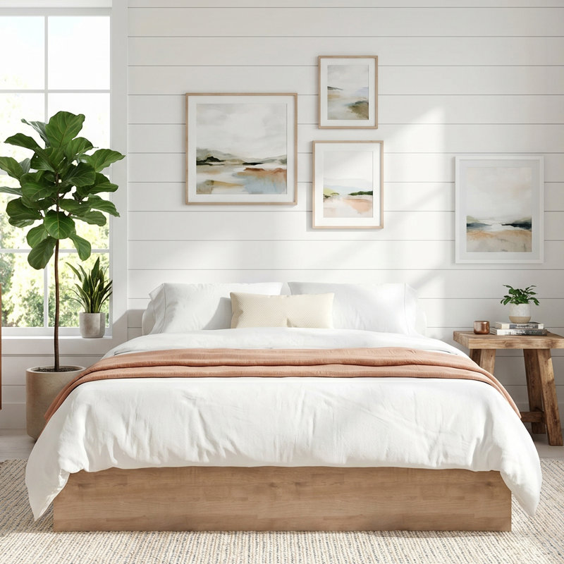 Structure de lit plateforme en bois avec rangement relevable, très grand, chêne pâle, Très grand lit, Chêne pâle