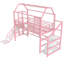 Lit mezzanine en métal avec glissade et escalier, structure silencieuse et tablettes de rangement avec toit de maison de jeu-589943618-589943619