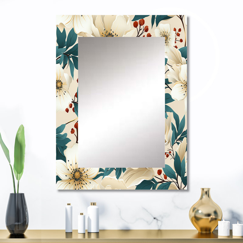 Bindera bleu et beige côtier Tranquil Florals Collage dévoilé - miroir mural floral unique, miroir floral, art imprimé en métal