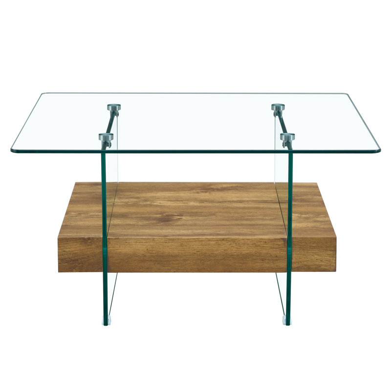 Table basse 31,4 po à deux niveaux, verre trempé transparent et texture de bois, table multifonctionnelle pour bureau de salon