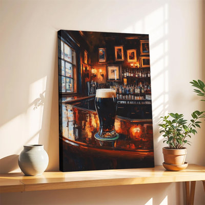Tableau à l'huile vintage représentant un pub irlandais avec de la sur le comptoir du bar. Grande toile tendue sur châssis, idéale pour le salon ou la chambre.