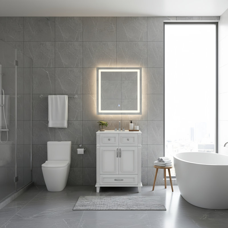 Meuble-lavabo 24 po avec lavabo en céramique et armoire de rangement en bois massif, portes à fermeture douce, style rétro