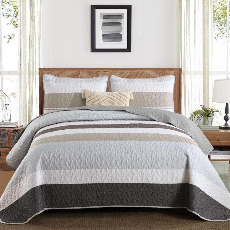 Ensemble de courtepointe 3 pièces style bohème rayé, couvre-lit léger en microfibre avec taies d'oreiller assorties