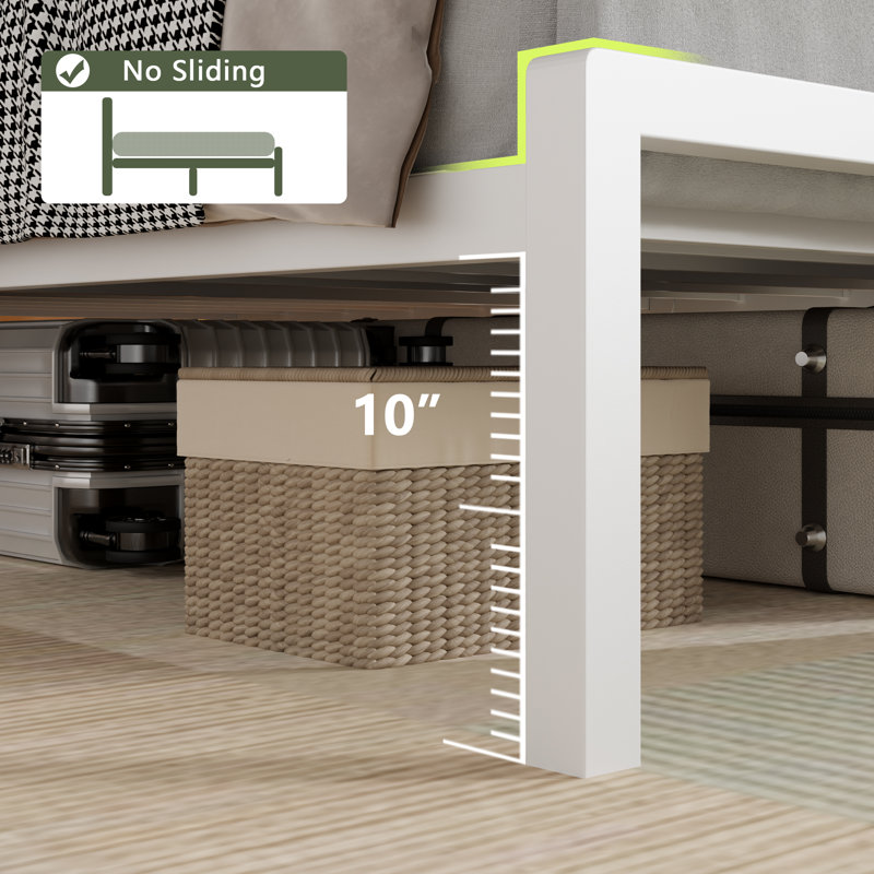Structure de lit simple avec lumière DEL et station de charge, structure en métal avec tête de lit tapissier, grand espace de rangement, aucun sommier nécessaire